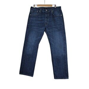 Levi's men's 501 button fly classic straight fit mid rise leather patch jeans‎